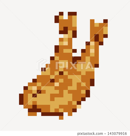 Pixel art fried shrimp tempura isolated on white background. Ebi furai retro 8-bit game item icon. Golden crispy fried shrimp pixel art illustration. Retro Japanese food asset for video games. Pixel art fried shrimp tempura isolated on white background. Ebi furai retro 8-bit game item icon. Golden crispy fried shrimp pixel art illustration. Retro Japanese food asset for video games. 143079916