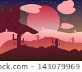 Minimalist flat vector illustration of a desert landscape at night. Features large pink full moon or sunset behind soft pink clouds, silhouettes of saguaro cactus on rolling hills, rocky cliffs, flyin 143079969
