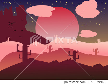 Minimalist flat vector illustration of a desert landscape at night. Features large pink full moon or sunset behind soft pink clouds, silhouettes of saguaro cactus on rolling hills, rocky cliffs, flyin Minimalist flat vector illustration of a desert landscape at night. Features large pink full moon or sunset behind soft pink clouds, silhouettes of saguaro cactus on rolling hills, rocky cliffs, flyin 143079969