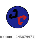 Abstract letter DD logo icon simple style, black and red shapes inside blue circle badge isolated on white background 143079971