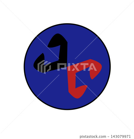 Abstract letter DD logo icon simple style, black and red shapes inside blue circle badge isolated on white background 143079971