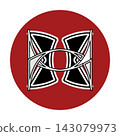 Abstract letter M or X tribal emblem logo icon with gothic line art inside red circle badge isolated on white background 143079973