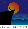 Minimalist vector illustration of a man silhouette standing on a cliff edge looking at a big orange moon and starry night sky over the ocean or far mountain 143079974