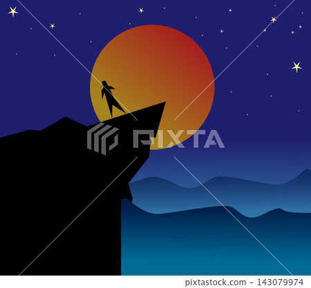 Minimalist vector illustration of a man silhouette standing on a cliff edge looking at a big orange moon and starry night sky over the ocean or far mountain 143079974