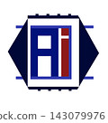 Abstract AI letter logo icon with microchip processor concept, blue and red geometric shapes isolated on white background 143079976