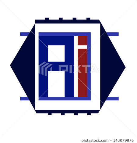Abstract AI letter logo icon with microchip processor concept, blue and red geometric shapes isolated on white background 143079976