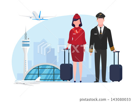 Pilot and flight attendant ready for duty at the airport stock illustration. Pilot and flight attendant ready for duty at the airport stock illustration. 143080033