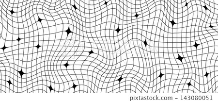 Black and white Y2k trippy sparkle wireframe background. Distorted grid mesh pattern with stars. Groovy twinkle and checkered wallpaper. Vector geometric nostalgic aesthetic checkerboard tile texture 143080051