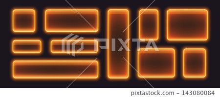 Glossy neon buttons, glowing glass banners in orange color. Glossy neon buttons, glowing glass banners in orange color. 143080084