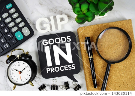 GIP - Goods In Process acronym with calculator, alarm clock and magnifying glass, Business and Financial concept background GIP - Goods In Process acronym with calculator, alarm clock and magnifying glass, Business and Financial concept background 143080114