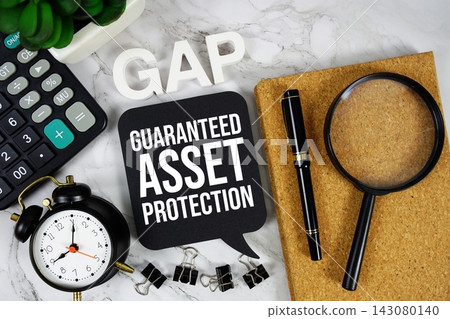 GAP - Guaranteed Asset Protection acronym with calculator, alarm clock and magnifying glass, Business concept background 143080140
