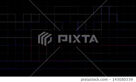 Glowing multicolor grid lines create futuristic digital pattern on dark black abstract background Glowing multicolor grid lines create futuristic digital pattern on dark black abstract background 143080339