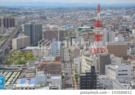 April 30 2026 Koriyama city skyline with mountains under overcast sky 143080652