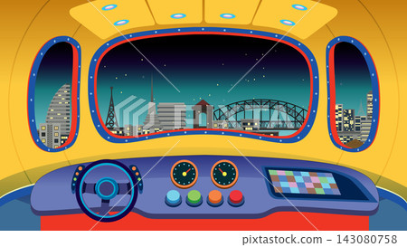 Futuristic Vehicle Cockpit Overlooking Night City Skyline Vector Illustration 143080758