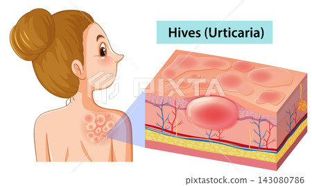 Medical Illustration of Hives Urticaria Skin Condition with Cross Section Medical Illustration of Hives Urticaria Skin Condition with Cross Section 143080786