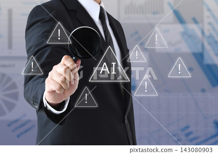 A businessman analyzes the risks and dangers of AI with a magnifying glass. A businessman analyzes the risks and dangers of AI with a magnifying glass. 143080903