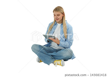 Woman engages with tablet, exploring online content and enjoying digital life, PNG 143081418