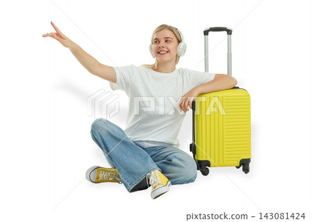 Young woman relaxes with suitcase, smiling and listening to music, PNG Young woman relaxes with suitcase, smiling and listening to music, PNG 143081424