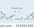 A thank you card featuring a little bird and white flowers. 143081488
