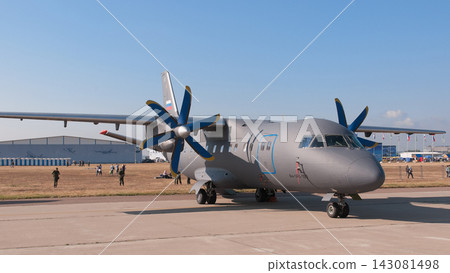 A Russian Ministry of Defense Antonov An-140-100 parked on the tarmac. A Russian Ministry of Defense Antonov An-140-100 parked on the tarmac. 143081498