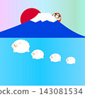 An illustration depicting the first sunrise of the year over Mount Fuji, a World Heritage Site and symbol of Japan, along with a mother and baby sheep (the zodiac animal for 2027) and a Daruma doll, typical of the New Year. 143081534