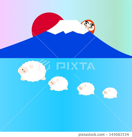 An illustration depicting the first sunrise of the year over Mount Fuji, a World Heritage Site and symbol of Japan, along with a mother and baby sheep (the zodiac animal for 2027) and a Daruma doll, typical of the New Year. An illustration depicting the first sunrise of the year over Mount Fuji, a World Heritage Site and symbol of Japan, along with a mother and baby sheep (the zodiac animal for 2027) and a Daruma doll, typical of the New Year. 143081534