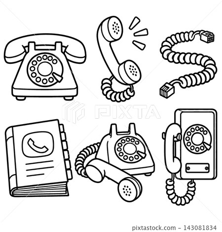 Vintage rotary telephone icon and directory book coloring line art collections bringing nostalgic cheerful feel for creative craft Vintage rotary telephone icon and directory book coloring line art collections bringing nostalgic cheerful feel for creative craft 143081834