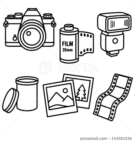 Vintage photography equipment line art collection features camera film roll canister flash and printed photo print for coloring book page design satisfying creative passion Vintage photography equipment line art collection features camera film roll canister flash and printed photo print for coloring book page design satisfying creative passion 143081836