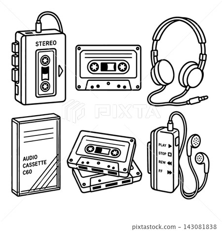 Retro audio cassette player headphone and tape element line art coloring book collections set bringing nostalgic happy feeling for music lover design projects Retro audio cassette player headphone and tape element line art coloring book collections set bringing nostalgic happy feeling for music lover design projects 143081838