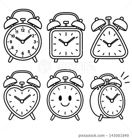 Alarm clock collections featuring cute smiling faces on white background for coloring book line art activity with black outline illustration style creating happy playful feeling Alarm clock collections featuring cute smiling faces on white background for coloring book line art activity with black outline illustration style creating happy playful feeling 143081840
