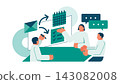 An illustration of a Japanese man and woman using a whiteboard to organize issues and hold a meeting regarding app development. 143082008