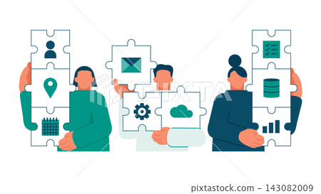 A business illustration depicting Japanese men and women who create and own apps tailored to the specific tasks of each department. 143082009