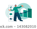 An illustration of a woman illustrating how in-house development of business applications reduces development costs and improves business performance. 143082010