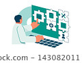 An illustration of a male developer assembling a screen layout using drag-and-drop. 143082011
