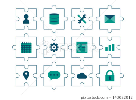 A set of puzzle-piece business icons that can be used for in-house development of business applications and no-code development. A set of puzzle-piece business icons that can be used for in-house development of business applications and no-code development. 143082012