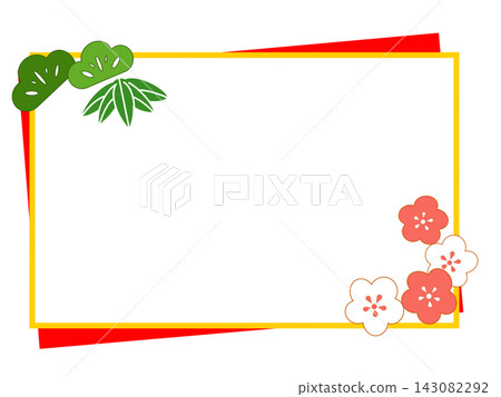 A Japanese-style New Year's card frame featuring red and white plum blossoms and pine and bamboo. 143082292