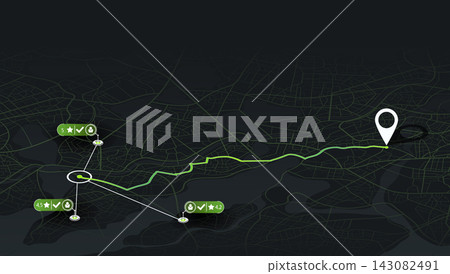 Taxi service route on dark urban background showing car icons and driver reviews. Smartphone app screen layout. Vector illustration. 143082491