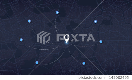 Electric vehicle charging station network connected on dark map background. Vector illustration. 143082495