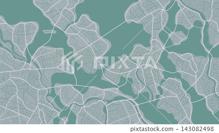 Top down view of intricate urban streets and water bodies in muted pastel tones. Vector illustration. Top down view of intricate urban streets and water bodies in muted pastel tones. Vector illustration. 143082498