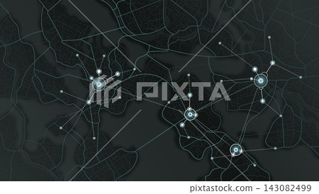 Abstract network nodes connecting on dark city map. Digital communication structure concept. Vector illustration. Abstract network nodes connecting on dark city map. Digital communication structure concept. Vector illustration. 143082499
