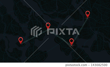 Navigation route with red pins and directional arrows. Dark city map tracking concept. Vector illustration. Navigation route with red pins and directional arrows. Dark city map tracking concept. Vector illustration. 143082500