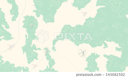 Airplanes and boats travel dotted paths across mint green isometric island map Airplanes and boats travel dotted paths across mint green isometric island map 143082502
