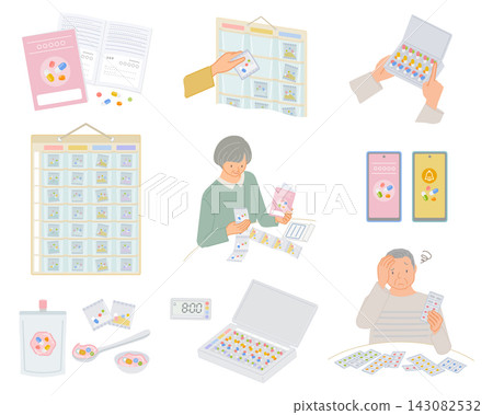 A set of illustrations for senior citizens to help with medication management and preventing missed doses. A set of illustrations for senior citizens to help with medication management and preventing missed doses. 143082532