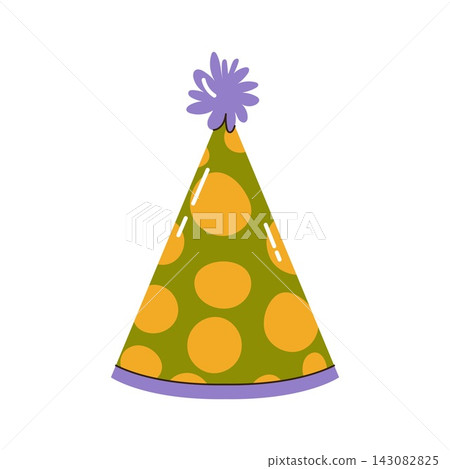Green party cone hat with yellow polka dots and purple pompom for festival holiday design Green party cone hat with yellow polka dots and purple pompom for festival holiday design 143082825