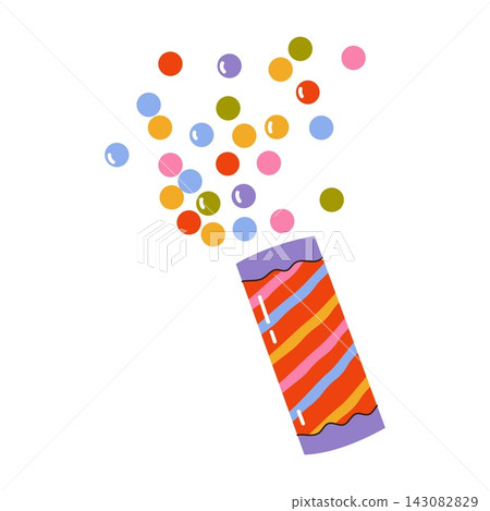 Striped party cracker exploding colorful confetti dots for festive celebration design Striped party cracker exploding colorful confetti dots for festive celebration design 143082829