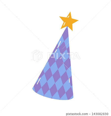 Purple party cone hat with diamond pattern and yellow star top for holiday celebration design Purple party cone hat with diamond pattern and yellow star top for holiday celebration design 143082830