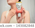 Hyperthyroidism, Overactive Thyroid, Thyroid Lymphoma, Asian woman with thyroid gland human anatomy model. 143082848