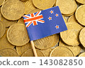 New Zealand flag on coins background for finance banking business. 143082850