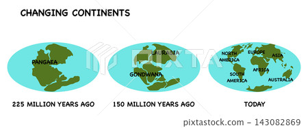 Geological diagram illustrating continental drift theory and plate tectonics timeline, showcasing the breakup of supercontinent Pangaea into Laurasia, Gondwana, and modern landmasses 143082869
