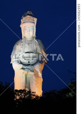 Takasaki Kannon Mountain, Takasaki Byakue Taikan (White Robed Kannon) illuminated at night Takasaki Kannon Mountain, Takasaki Byakue Taikan (White Robed Kannon) illuminated at night 143082955